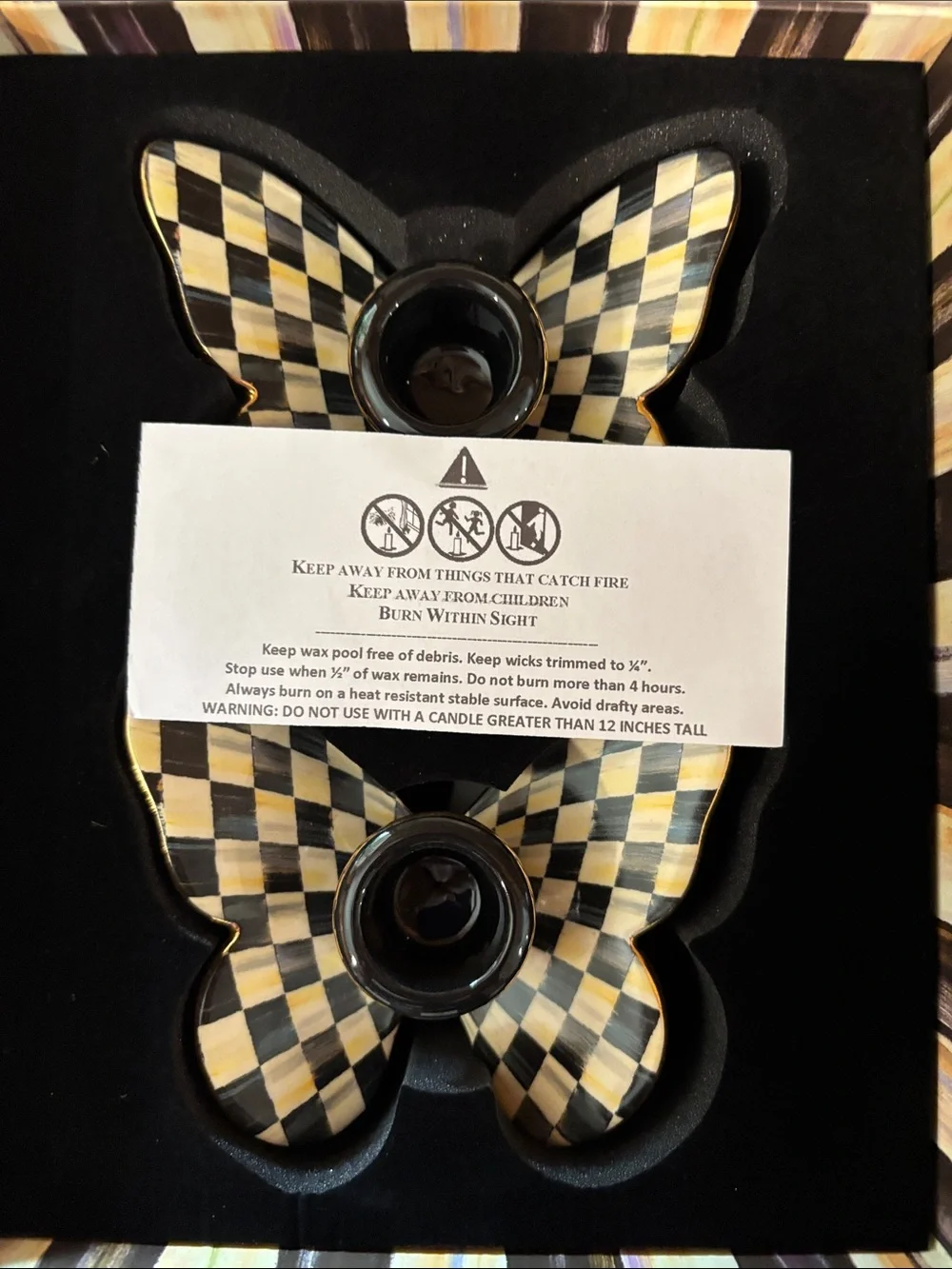 MacKenzie-Childs Checkered Butterfly Candleholders in Black & Cream